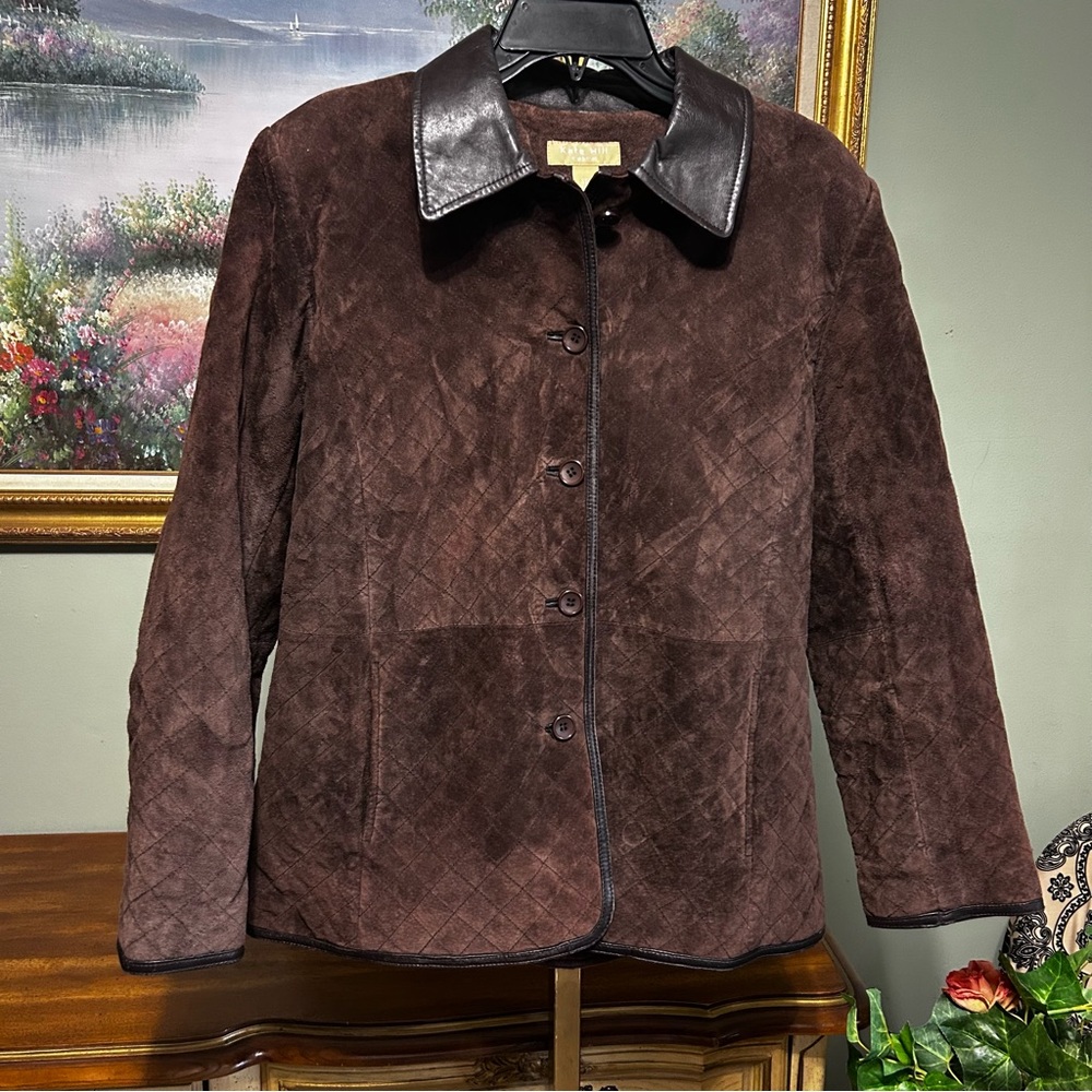 Kate Hill Brown Diamond Stitch Suede Leather Coat Jacket
